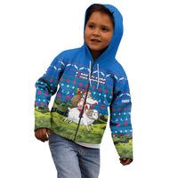 Faroe Islands Christmas Kid Hoodie with Santa Riding Sheep Grass Roof Houses and Blue Nordic Pattern Design - Wonder Print Shop
