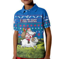 Faroe Islands Christmas Kid Polo Shirt with Santa Riding Sheep Grass Roof Houses and Blue Nordic Pattern Design - Wonder Print Shop