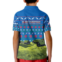 Faroe Islands Christmas Kid Polo Shirt with Santa Riding Sheep Grass Roof Houses and Blue Nordic Pattern Design - Wonder Print Shop