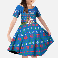 Faroe Islands Christmas Kid Short Sleeve Dress with Santa Riding Sheep Grass Roof Houses and Blue Nordic Pattern Design - Wonder Print Shop