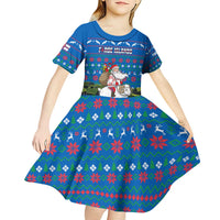 Faroe Islands Christmas Kid Short Sleeve Dress with Santa Riding Sheep Grass Roof Houses and Blue Nordic Pattern Design - Wonder Print Shop