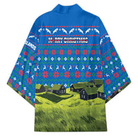 Faroe Islands Christmas Kimono with Santa Riding Sheep Grass Roof Houses and Blue Nordic Pattern Design - Wonder Print Shop
