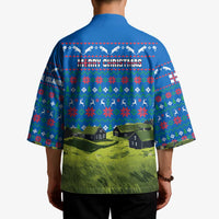 Faroe Islands Christmas Kimono with Santa Riding Sheep Grass Roof Houses and Blue Nordic Pattern Design - Wonder Print Shop