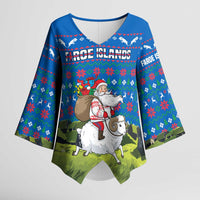 Faroe Islands Christmas Kimono Sleeve Blouse with Santa Riding Sheep Grass Roof Houses and Blue Nordic Pattern Design - Wonder Print Shop