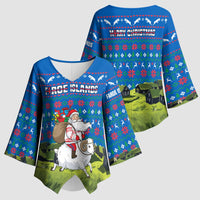 Faroe Islands Christmas Kimono Sleeve Blouse with Santa Riding Sheep Grass Roof Houses and Blue Nordic Pattern Design - Wonder Print Shop