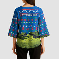 Faroe Islands Christmas Kimono Sleeve Blouse with Santa Riding Sheep Grass Roof Houses and Blue Nordic Pattern Design - Wonder Print Shop