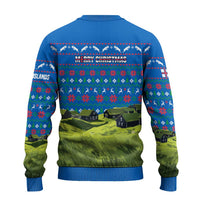 Faroe Islands Christmas Ugly Christmas Sweater with Santa Riding Sheep Grass Roof Houses and Blue Nordic Pattern Design - Wonder Print Shop