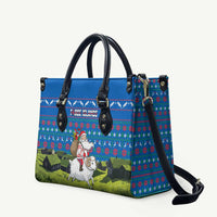 Faroe Islands Christmas Leather Bag with Santa Riding Sheep Grass Roof Houses and Blue Nordic Pattern Design - Wonder Print Shop