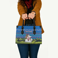 Faroe Islands Christmas Leather Bag with Santa Riding Sheep Grass Roof Houses and Blue Nordic Pattern Design - Wonder Print Shop