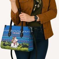Faroe Islands Christmas Leather Bag with Santa Riding Sheep Grass Roof Houses and Blue Nordic Pattern Design - Wonder Print Shop