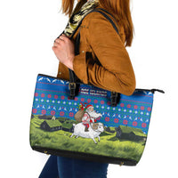 Faroe Islands Christmas Leather Tote Bag with Santa Riding Sheep Grass Roof Houses and Blue Nordic Pattern Design - Wonder Print Shop