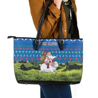 Faroe Islands Christmas Leather Tote Bag with Santa Riding Sheep Grass Roof Houses and Blue Nordic Pattern Design - Wonder Print Shop