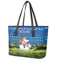 Faroe Islands Christmas Leather Tote Bag with Santa Riding Sheep Grass Roof Houses and Blue Nordic Pattern Design - Wonder Print Shop