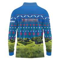 Faroe Islands Christmas Long Sleeve Polo Shirt with Santa Riding Sheep Grass Roof Houses and Blue Nordic Pattern Design - Wonder Print Shop
