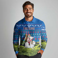 Faroe Islands Christmas Long Sleeve Polo Shirt with Santa Riding Sheep Grass Roof Houses and Blue Nordic Pattern Design - Wonder Print Shop