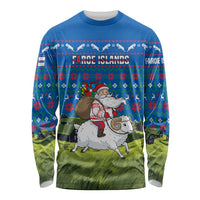 Faroe Islands Christmas Long Sleeve Shirt with Santa Riding Sheep Grass Roof Houses and Blue Nordic Pattern Design - Wonder Print Shop
