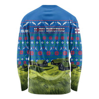 Faroe Islands Christmas Long Sleeve Shirt with Santa Riding Sheep Grass Roof Houses and Blue Nordic Pattern Design - Wonder Print Shop