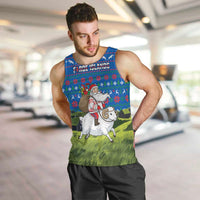 Faroe Islands Christmas Men Tank Top with Santa Riding Sheep Grass Roof Houses and Blue Nordic Pattern Design - Wonder Print Shop