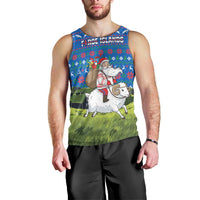 Faroe Islands Christmas Men Tank Top with Santa Riding Sheep Grass Roof Houses and Blue Nordic Pattern Design - Wonder Print Shop