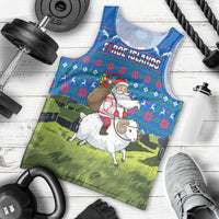 Faroe Islands Christmas Men Tank Top with Santa Riding Sheep Grass Roof Houses and Blue Nordic Pattern Design - Wonder Print Shop