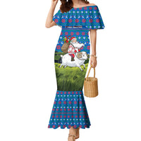 Faroe Islands Christmas Mermaid Dress with Santa Riding Sheep Grass Roof Houses and Blue Nordic Pattern Design - Wonder Print Shop