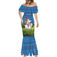 Faroe Islands Christmas Mermaid Dress with Santa Riding Sheep Grass Roof Houses and Blue Nordic Pattern Design - Wonder Print Shop