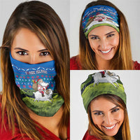 Faroe Islands Christmas Neck Gaiter with Santa Riding Sheep Grass Roof Houses and Blue Nordic Pattern Design - Wonder Print Shop