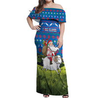 Faroe Islands Christmas Off Shoulder Maxi Dress with Santa Riding Sheep Grass Roof Houses and Blue Nordic Pattern Design - Wonder Print Shop