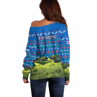 Faroe Islands Christmas Off Shoulder Sweater with Santa Riding Sheep Grass Roof Houses and Blue Nordic Pattern Design - Wonder Print Shop