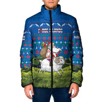 Faroe Islands Christmas Padded Jacket with Santa Riding Sheep Grass Roof Houses and Blue Nordic Pattern Design - Wonder Print Shop