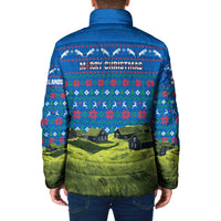 Faroe Islands Christmas Padded Jacket with Santa Riding Sheep Grass Roof Houses and Blue Nordic Pattern Design - Wonder Print Shop