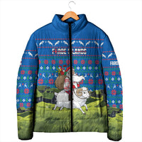 Faroe Islands Christmas Padded Jacket with Santa Riding Sheep Grass Roof Houses and Blue Nordic Pattern Design - Wonder Print Shop