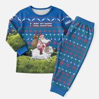 Faroe Islands Christmas Pajama Set with Santa Riding Sheep Grass Roof Houses and Blue Nordic Pattern Design - Wonder Print Shop