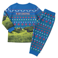 Faroe Islands Christmas Pajama Set with Santa Riding Sheep Grass Roof Houses and Blue Nordic Pattern Design - Wonder Print Shop