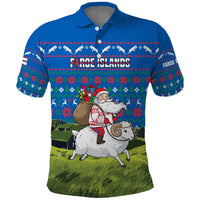 Faroe Islands Christmas Polo Shirt with Santa Riding Sheep Grass Roof Houses and Blue Nordic Pattern Design - Wonder Print Shop