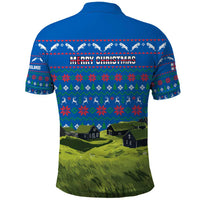 Faroe Islands Christmas Polo Shirt with Santa Riding Sheep Grass Roof Houses and Blue Nordic Pattern Design - Wonder Print Shop