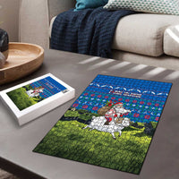 Faroe Islands Christmas Puzzle with Santa Riding Sheep Grass Roof Houses and Blue Nordic Pattern Design - Wonder Print Shop