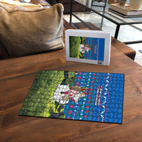 Faroe Islands Christmas Puzzle with Santa Riding Sheep Grass Roof Houses and Blue Nordic Pattern Design - Wonder Print Shop