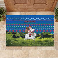Faroe Islands Christmas Rubber Doormat with Santa Riding Sheep Grass Roof Houses and Blue Nordic Pattern Design - Wonder Print Shop