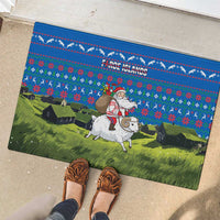 Faroe Islands Christmas Rubber Doormat with Santa Riding Sheep Grass Roof Houses and Blue Nordic Pattern Design - Wonder Print Shop