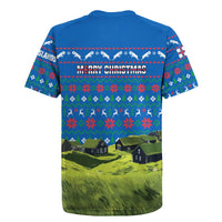 Faroe Islands Christmas Rugby Jersey with Santa Riding Sheep Grass Roof Houses and Blue Nordic Pattern Design - Wonder Print Shop