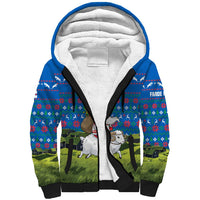 Faroe Islands Christmas Sherpa Hoodie with Santa Riding Sheep Grass Roof Houses and Blue Nordic Pattern Design - Wonder Print Shop