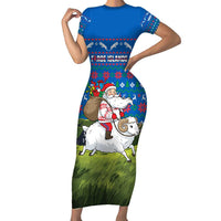 Faroe Islands Christmas Short Sleeve Bodycon Dress with Santa Riding Sheep Grass Roof Houses and Blue Nordic Pattern Design - Wonder Print Shop