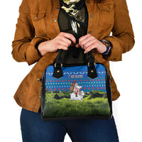 Faroe Islands Christmas Shoulder Handbag with Santa Riding Sheep Grass Roof Houses and Blue Nordic Pattern Design - Wonder Print Shop