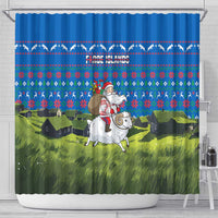 Faroe Islands Christmas Shower Curtain with Santa Riding Sheep Grass Roof Houses and Blue Nordic Pattern Design - Wonder Print Shop
