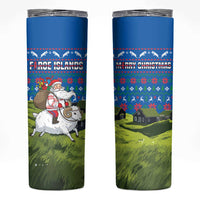 Faroe Islands Christmas Skinny Tumbler with Santa Riding Sheep Grass Roof Houses and Blue Nordic Pattern Design - Wonder Print Shop