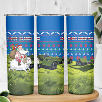 Faroe Islands Christmas Skinny Tumbler with Santa Riding Sheep Grass Roof Houses and Blue Nordic Pattern Design - Wonder Print Shop