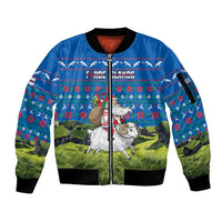 Faroe Islands Christmas Sleeve Zip Bomber Jacket with Santa Riding Sheep Grass Roof Houses and Blue Nordic Pattern Design - Wonder Print Shop