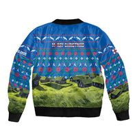 Faroe Islands Christmas Sleeve Zip Bomber Jacket with Santa Riding Sheep Grass Roof Houses and Blue Nordic Pattern Design - Wonder Print Shop
