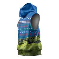 Faroe Islands Christmas Sleeveless Hoodie with Santa Riding Sheep Grass Roof Houses and Blue Nordic Pattern Design - Wonder Print Shop